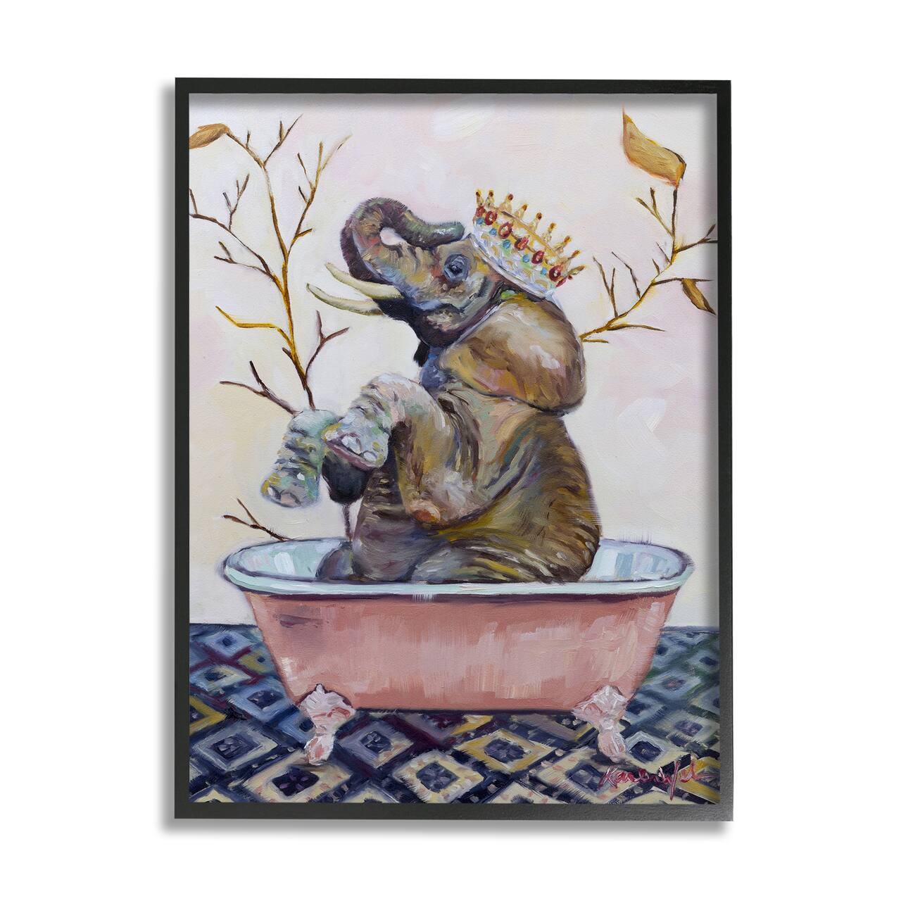 Stupell Industries Regal Safari Elephant with Pink Bath Tub in Black Frame Wall Art